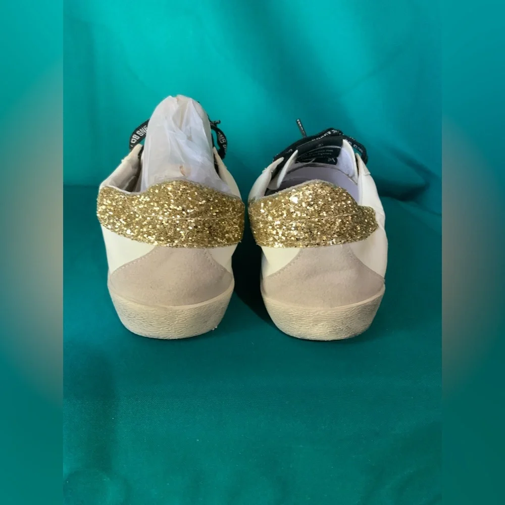Authentic Golden Goose Superstar White Sneakers Gold Glitter Heel & Black Laces - Picture 4 of 4